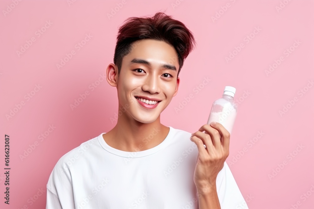 Handsome young asian man with clean fresh skin on pink background.Generative Ai Handsome young asian man with clean fresh skin on pink background.Generative Ai