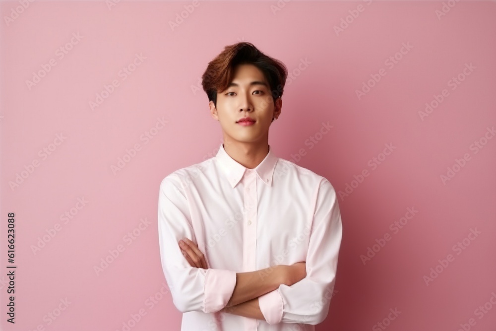 Handsome young asian man with clean fresh skin on pink background.Generative Ai Handsome young asian man with clean fresh skin on pink background.Generative Ai