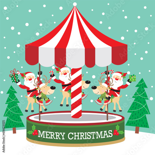 christmas card with merry go round, santa and reindeer