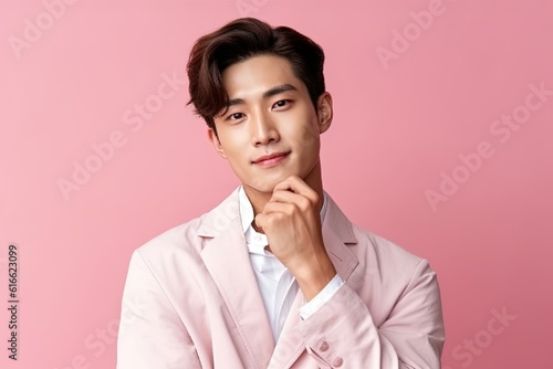 Handsome young asian man with clean fresh skin on pink background.Generative Ai