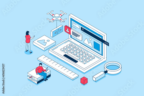 Wallpaper Mural Website creating concept in 3d isometric design. People creating UI UX interface and homepages, work with code, prototyping and testing scripts. Illustration with isometry scene for web graphic Torontodigital.ca