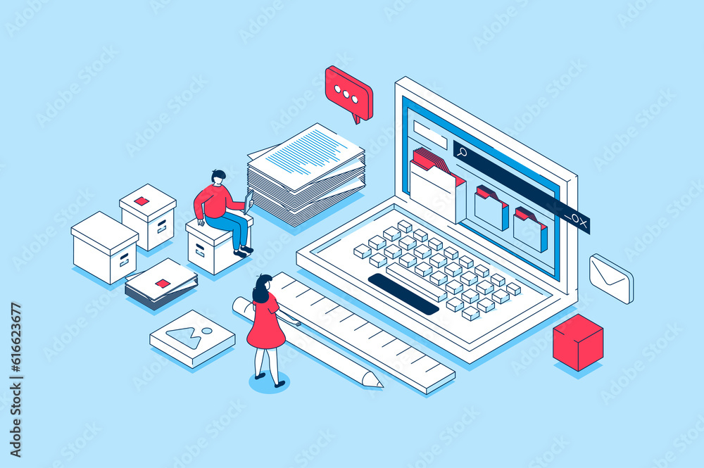 Electronic organization files concept in 3d isometric design. People working with digital