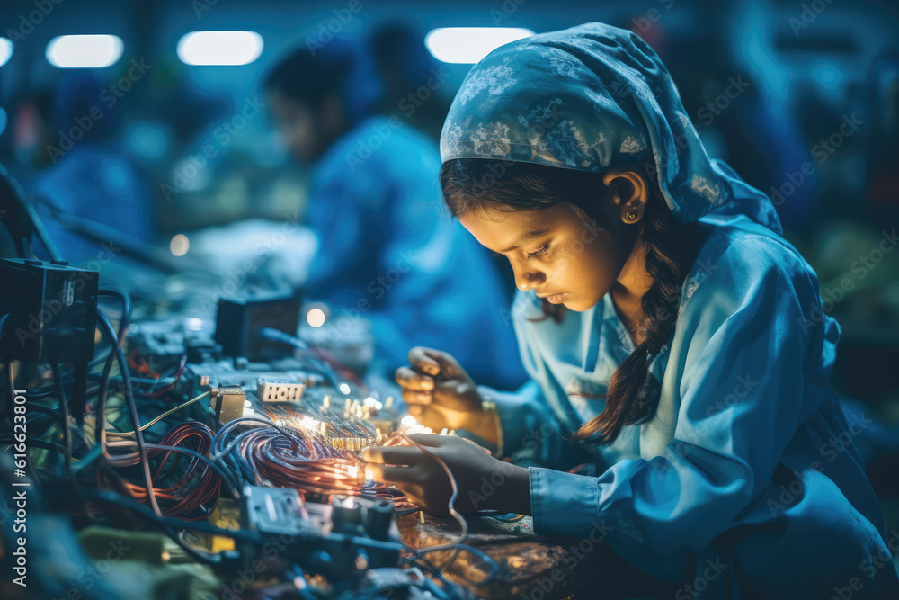 Child labour in electronics industry - a teenage asian girl assembling ...