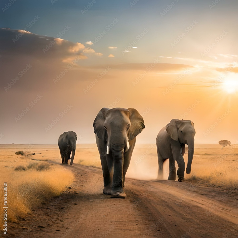 A group of elephants walking through the savanna, kicking up dust, concept of Wildlife Migration