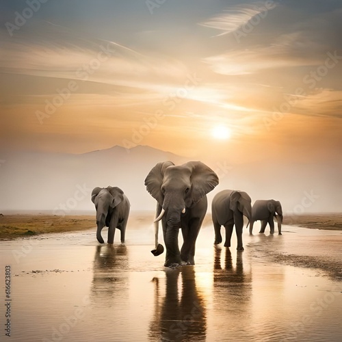 A group of elephants walking through the savanna, kicking up dust, concept of Wildlife Migration © Artist193