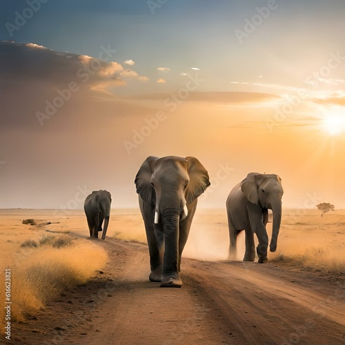 A group of elephants walking through the savanna, kicking up dust, concept of Wildlife Migration © Artist193