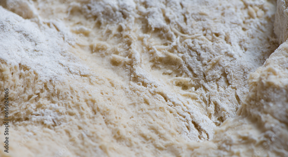 Dough made from natural sourdough. Gluten structure texture close up. Baking at home bread making.