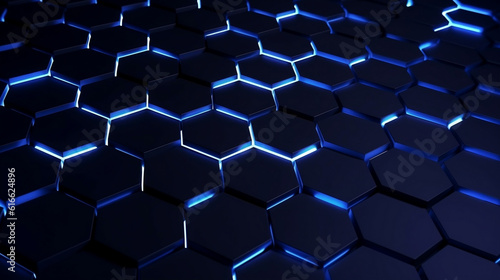Beauty of Black Hexagons and blue Glow in Abstract Design. AI Generated.