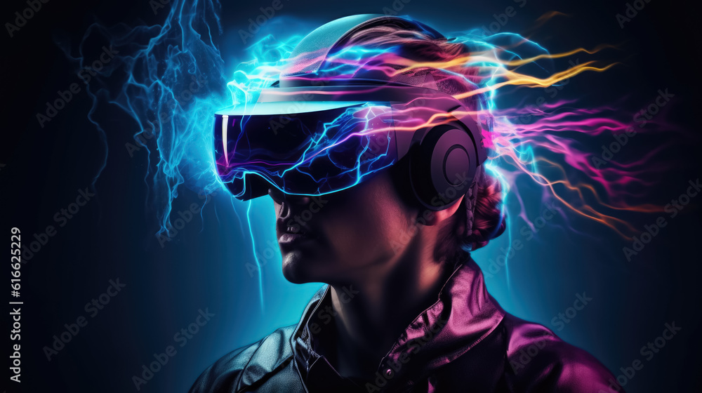 Illustration of woman with glasses of virtual reality. Future technology concept. Generative AI Illustration of woman with glasses of virtual reality. Future technology concept. Generative AI