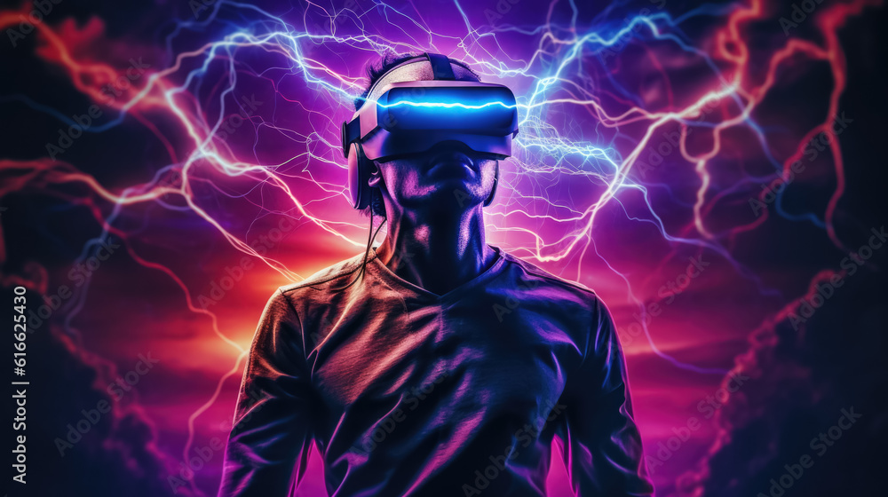 Illustration of man with glasses of virtual reality. Future technology concept. Generative AI Illustration of man with glasses of virtual reality. Future technology concept. Generative AI