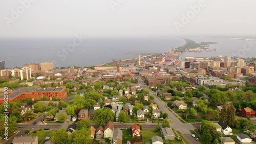 Aerial view of Downtown Duluth, Minnesota, United States. Cityscape, skyline. Spring Summer, sunset