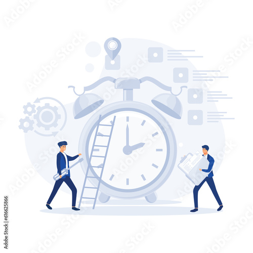 alarm clock rings on white background, concept of work time management, flat vector modern illustration 