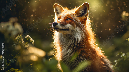 portrait of a fox in the forest with light sparkles