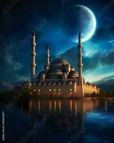 Beautiful mosque at the night with milkway sky. Big moon. To celebrate islamic day. Adha, fitr, ramadhan, isra mi'raj, islamic new year day. 