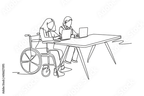 Single one line drawing Disabled person concept working in workplace. Continuous line draw design graphic vector illustration.