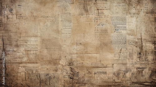 Newspaper paper grunge aged newsprint pattern background. Vintage old newspapers template texture, generative ai