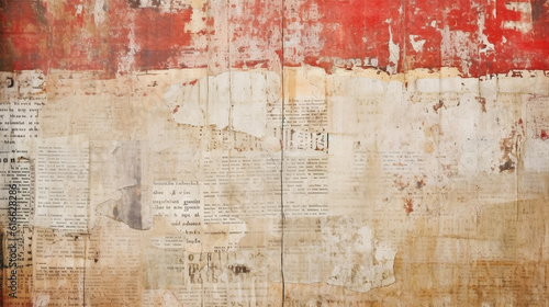 Newspaper paper grunge aged newsprint pattern background. Vintage old newspapers template texture, generative ai