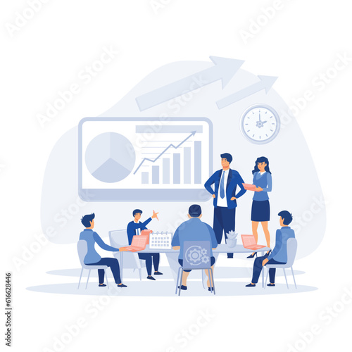 Business seminar female speaker doing presentation and professional training about marketing, sales and e-commerce, flat vector modern illustration