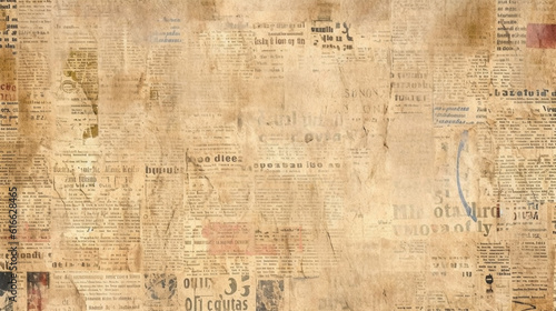 Newspaper paper grunge aged newsprint pattern background. Vintage old newspapers template texture, generative ai