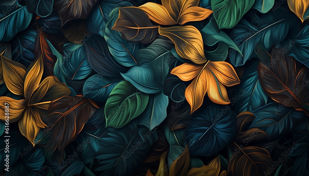 Floral tropical pattern on plant leaves background Floral tropical pattern on plant leaves background