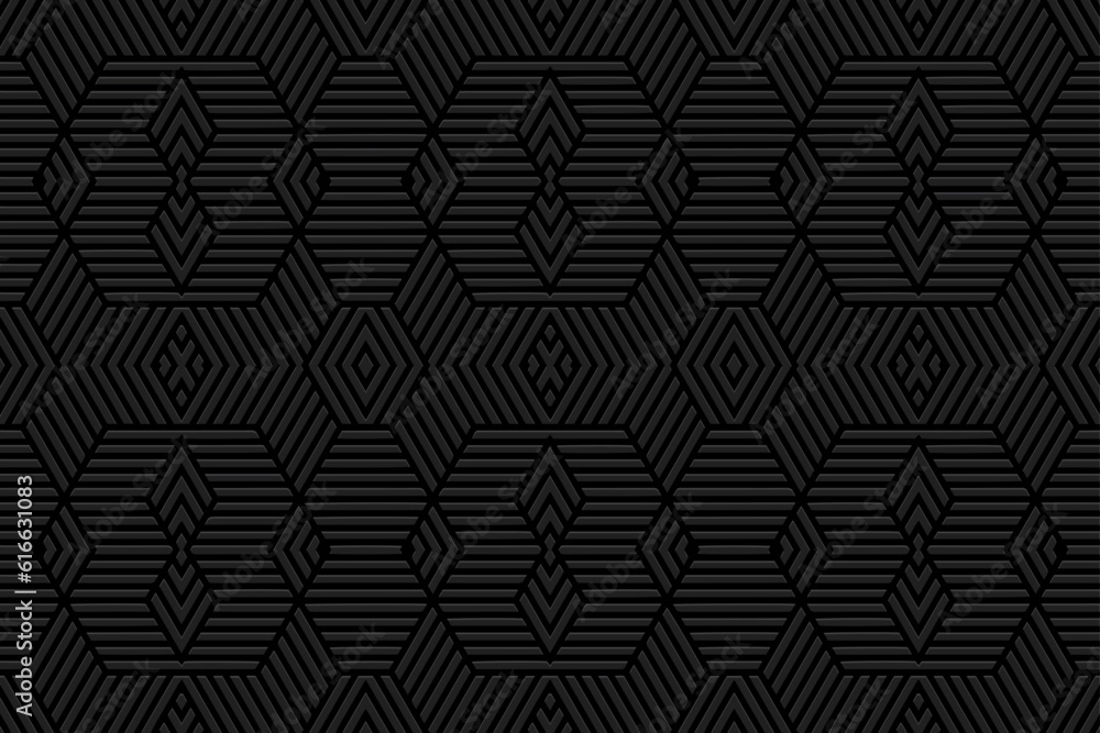 Embossed original black background, ethnic cover design. Geometric 3D pattern of lines, stripes and contours, press paper, leather. Tribal flavor of the East, Asia, India, Mexico, Aztec, Peru.