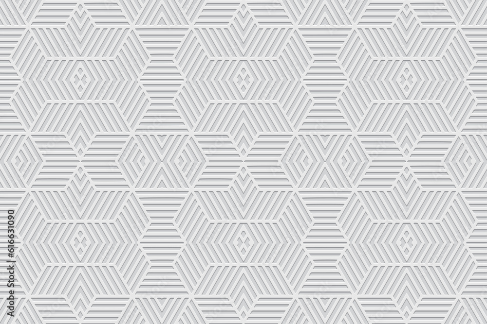 Embossed elegant white background, ethnic cover design. Geometric 3D pattern of lines, stripes and contours, press paper, leather. Tribal flavor of the East, Asia, India, Mexico, Aztec, Peru.