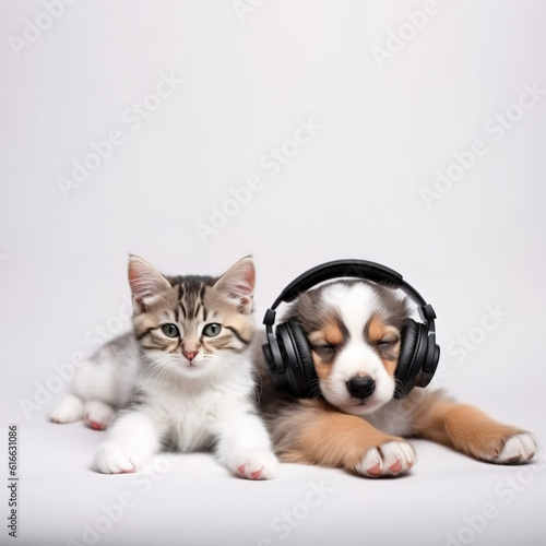dog listening to music with headphones next to the kitten isolated on white background