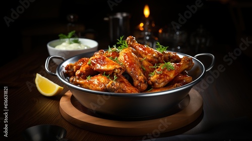 Roasted chicken wings in barbecue sauce with sesame seeds and parsley on a wooden board