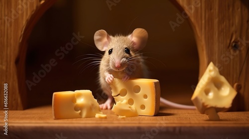 Wallpaper Mural Cute little mouse eating cheese. Created with Generative Ai technology. Torontodigital.ca