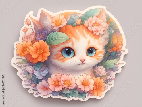 illustration of a cat with flowers sticker,cute kitten in flowers, illustration of a cat's head, generative ai