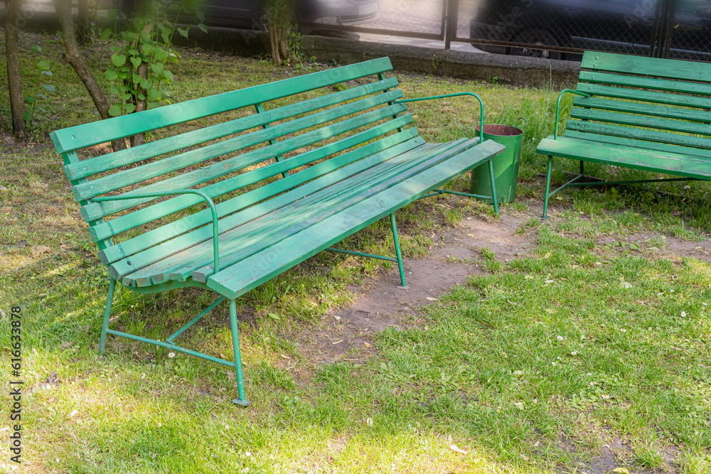 Old Wooden Bench in Park, Outdoor City Architecture, Green Wooden Benches, Outdoor Chair Old Wooden Bench in Park, Outdoor City Architecture, Green Wooden Benches, Outdoor Chair