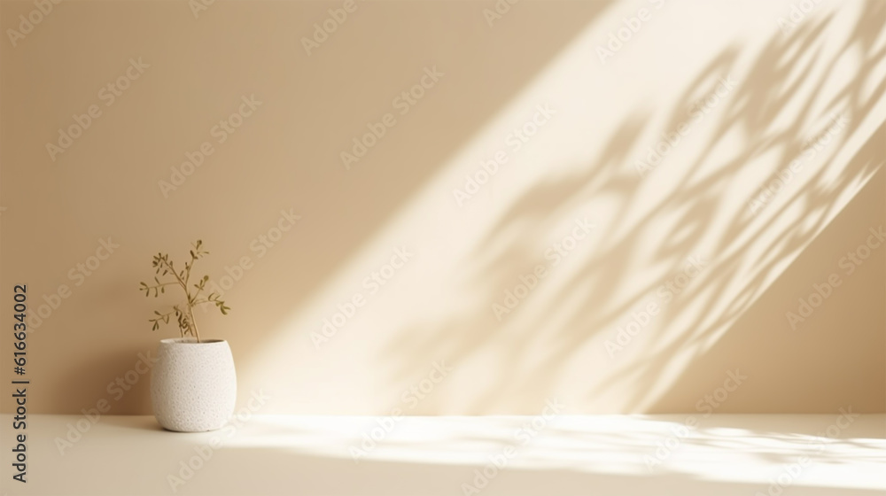 Minimalistic abstract gentle light beige background for product presentation with light andand intricate shadow from the window, generative ai