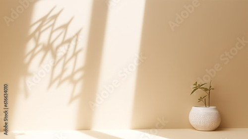Minimalistic abstract gentle light beige background for product presentation with light andand intricate shadow from the window, generative ai