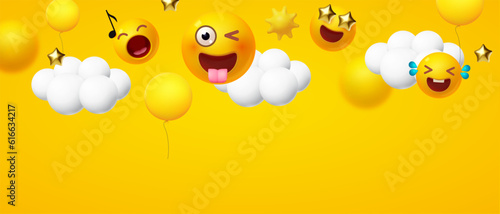 Joy, happy and fun background. Yellow balls with faces. Emotion expression . Holiday, singing, joy, fun, party, laughter, music, concert, birthday, win and special offer.