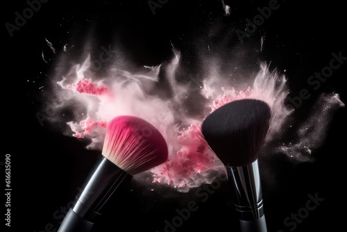 Two make-up cosmetic brushes with pink powder explosion on black background. Generative AI.