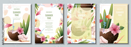 Set of flyer templates with beach coconut cocktail and hibiscus flowers. Tropical vacation, summer vacation. Banner, poster with beach drinks a4 size.