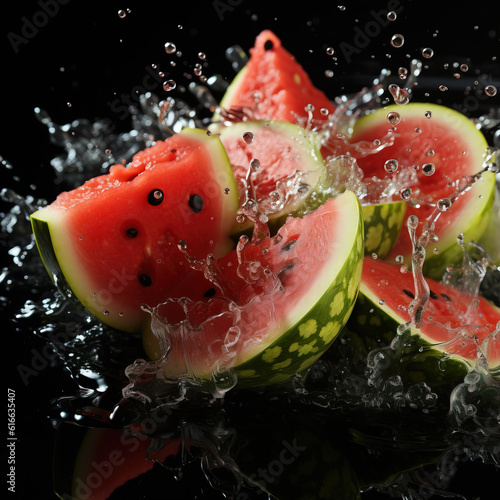 Fresh watermelon and splashing water created with generative ai tecnology.