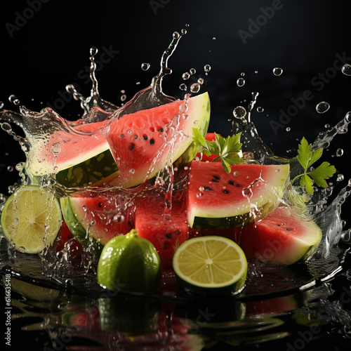 Fresh watermelon and splashing water created with generative ai tecnology.