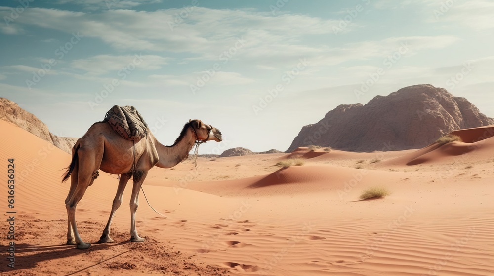Camel in the desert, hot weather. Created with Generative Ai technology. Camel in the desert, hot weather. Created with Generative Ai technology.