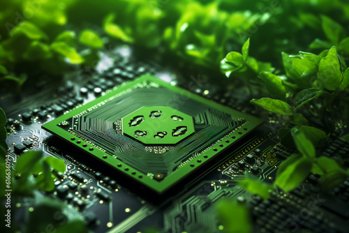  Concept of green technology. green recycle sign on circuit board technology innovations