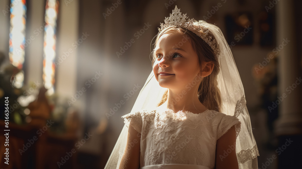 Naklejka premium Portrait of pretty girl with first communion dress on church background , Created with Generative Ai Technology