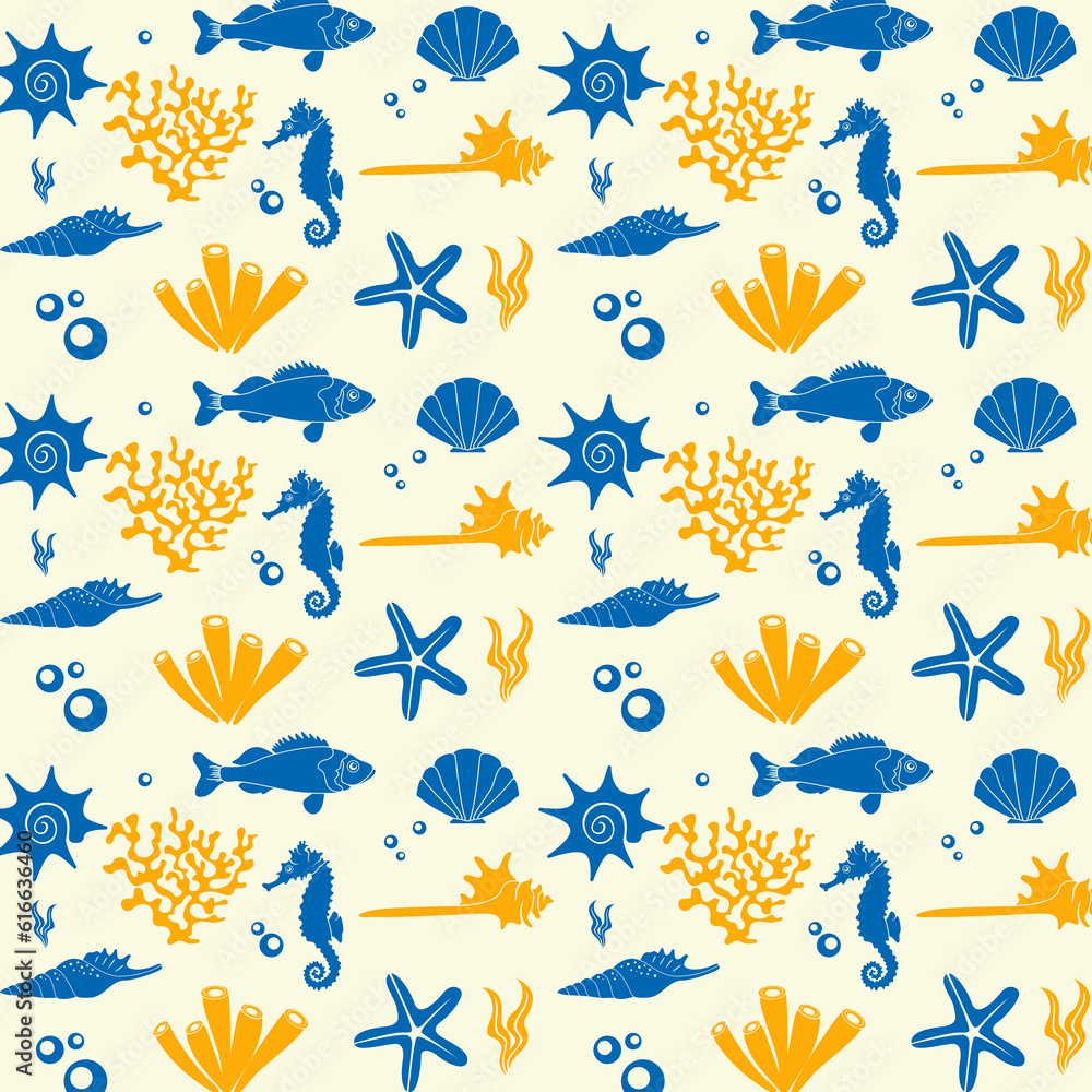 Marine life illustration pattern vector corral, shell, scallop, starfish, deep sea background layout silhouette printable Marine life illustration pattern vector corral, shell, scallop, starfish, deep sea background layout silhouette printable