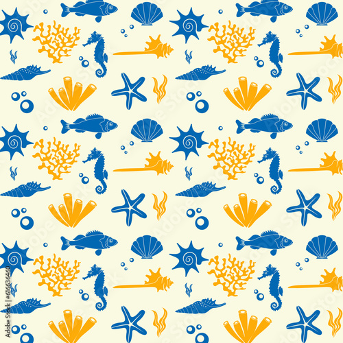 Marine life illustration pattern vector corral, shell, scallop, starfish, deep sea background layout silhouette printable