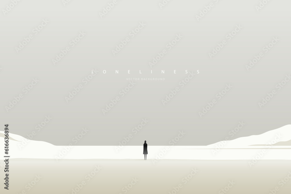 A lonely man in the futuristic landscape. Loneliness. Negative unhappy feeling. Depression thinking. Heartbroken. Nostalgic man thinking about the past. Back view. Conceptual emotional illustration