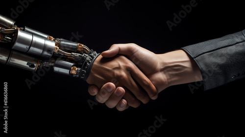 Robot and businessman hands in handshake. Business handshake between robot and human partners or friends on black background. AI technology development and human robot relationships. Generative AI