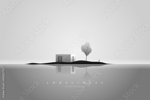 A lonely man in the futuristic landscape. Loneliness. Negative unhappy feeling. Depression thinking. Heartbroken. Nostalgic man thinking about the past. Back view. Conceptual emotional illustration