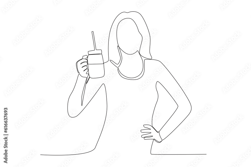 Vector woman with long hair holding glass with alcohol line art illustration, woman with wine glass
