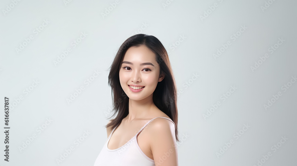 Beautiful Asian woman smile with her smooth skin look at camera in action posing of a professional model on white background in studio light, Generative AI Beautiful Asian woman smile with her smooth skin look at camera in action posing of a professional model on white background in studio light, Generative AI