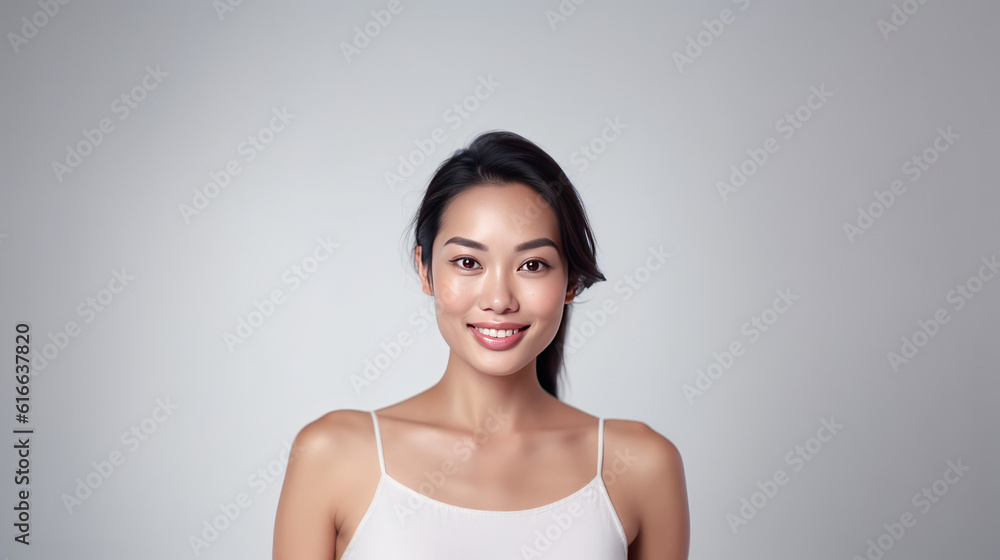 Beautiful Asian woman smile with her smooth skin look at camera in action posing of a professional model on white background in studio light, Generative AI Beautiful Asian woman smile with her smooth skin look at camera in action posing of a professional model on white background in studio light, Generative AI