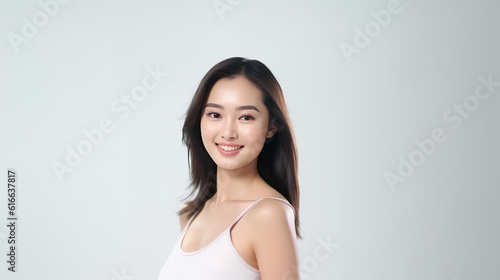 Beautiful Asian woman smile with her smooth skin look at camera in action posing of a professional model on white background in studio light, Generative AI